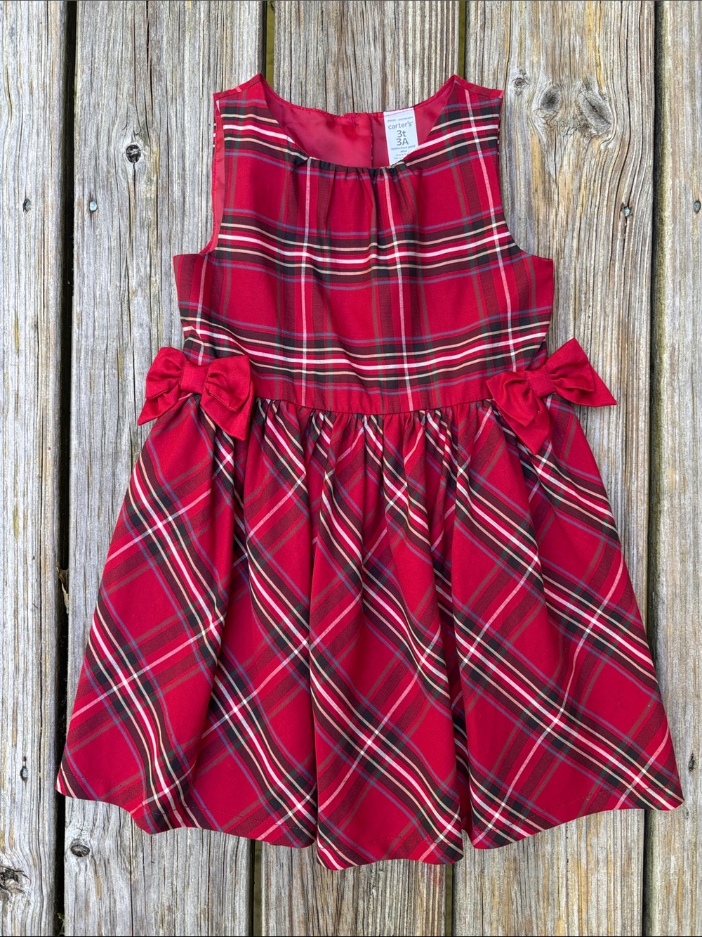 CARTERS | Red Plaid Bow Pleated Sleeveless Festive Toddler Holiday Dress Size 3T